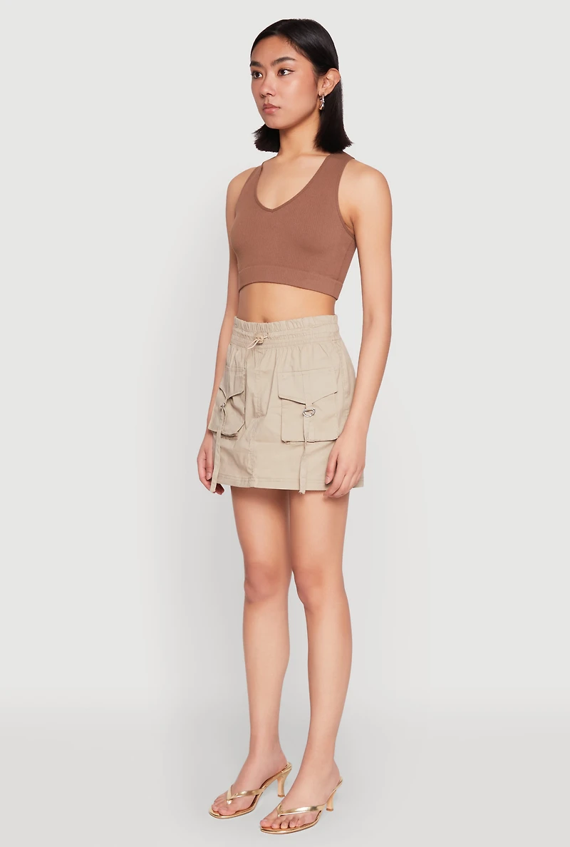 Womens Toggle Drawstring Mini Cargo Skirt, Khaki,