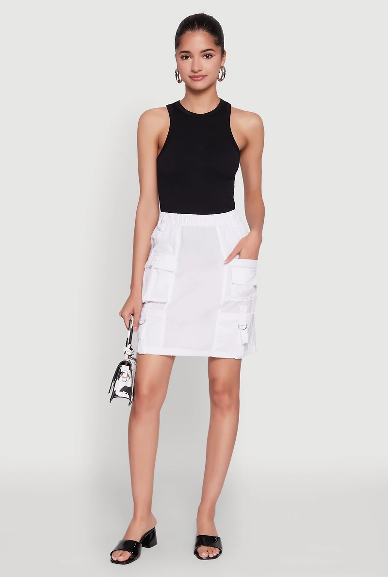 Womens Nylon Tabbed Cargo Mini Skirt, White,