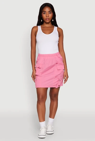 Womens Nylon Tabbed Cargo Mini Skirt, Pink, Size M