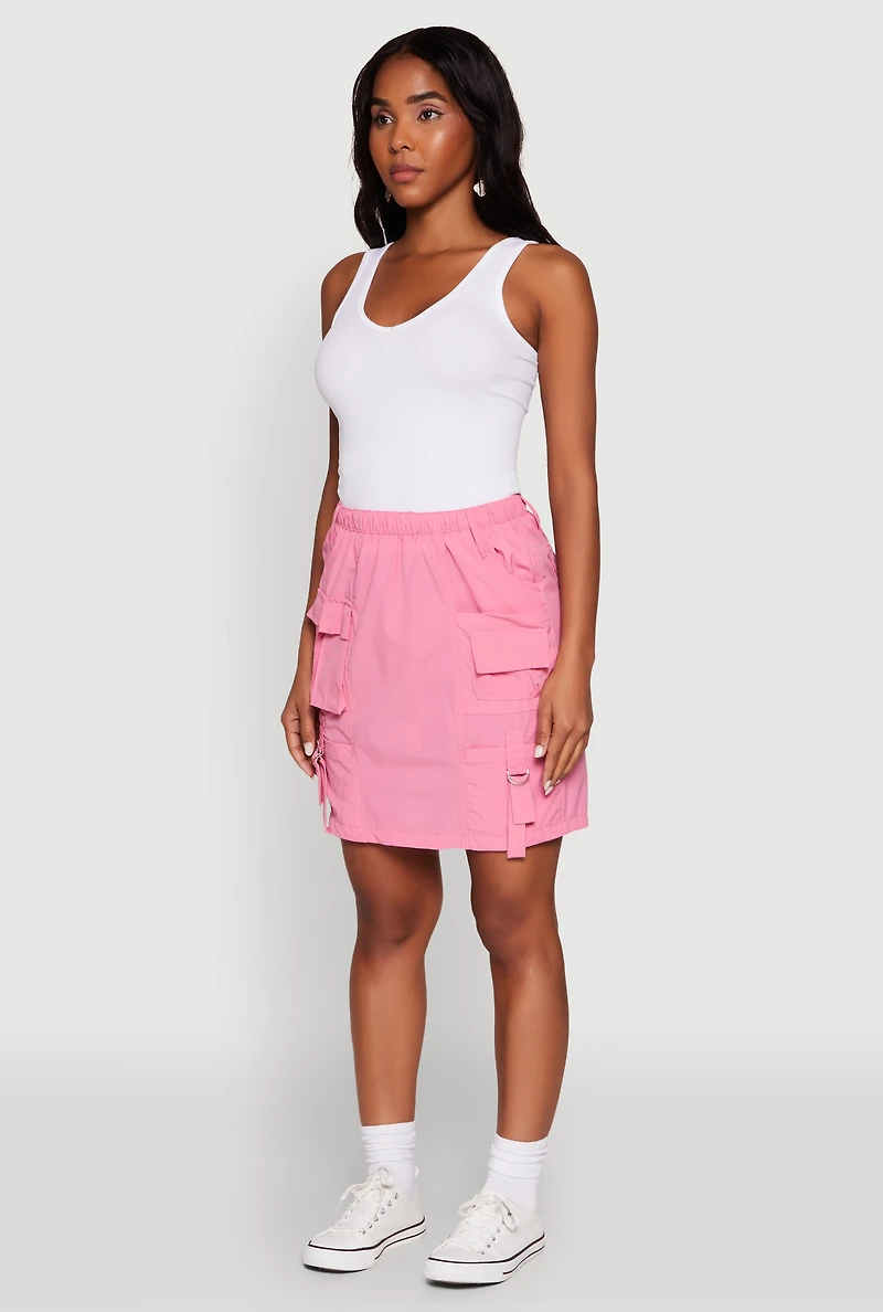 Womens Nylon Tabbed Cargo Mini Skirt, Pink, Size M