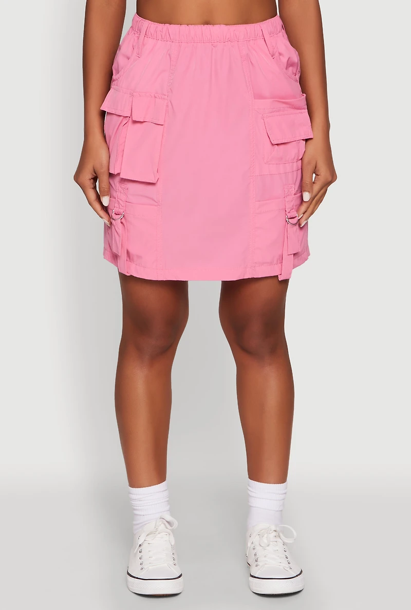 Womens Nylon Tabbed Cargo Mini Skirt, Pink, Size M