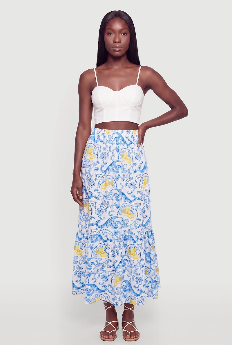 Lemon Print Side Slit Tiered Ruffle Hem Skirt