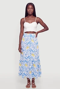 Lemon Print Side Slit Tiered Ruffle Hem Skirt