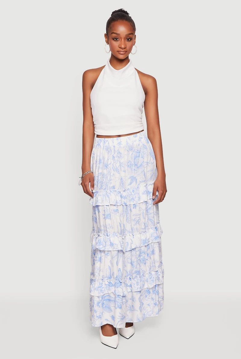 Floral Smocked Waist Ruffle Tiered Maxi Skirt