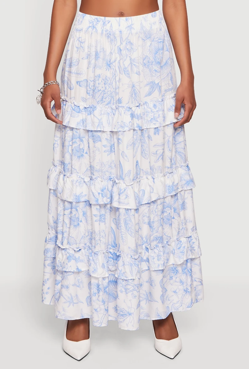 Floral Smocked Waist Ruffle Tiered Maxi Skirt