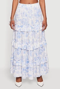 Floral Smocked Waist Ruffle Tiered Maxi Skirt
