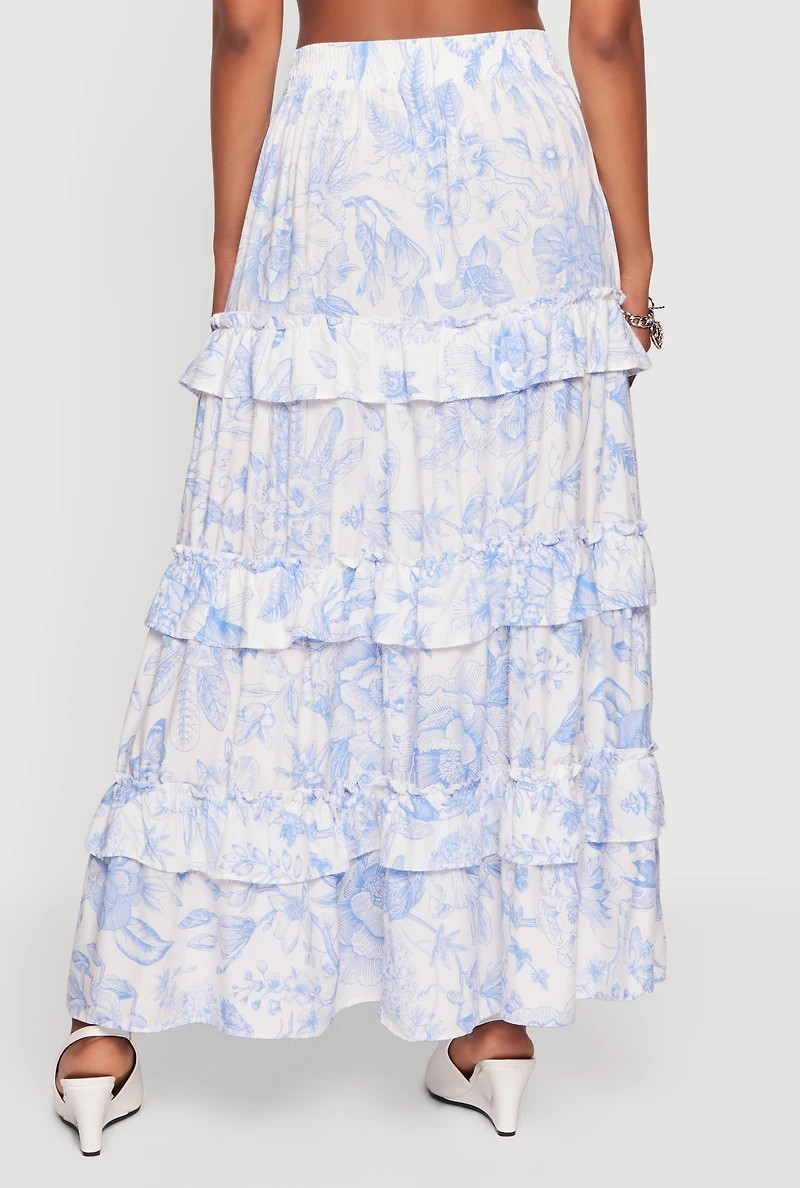 Floral Smocked Waist Ruffle Tiered Maxi Skirt