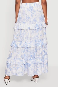 Floral Smocked Waist Ruffle Tiered Maxi Skirt
