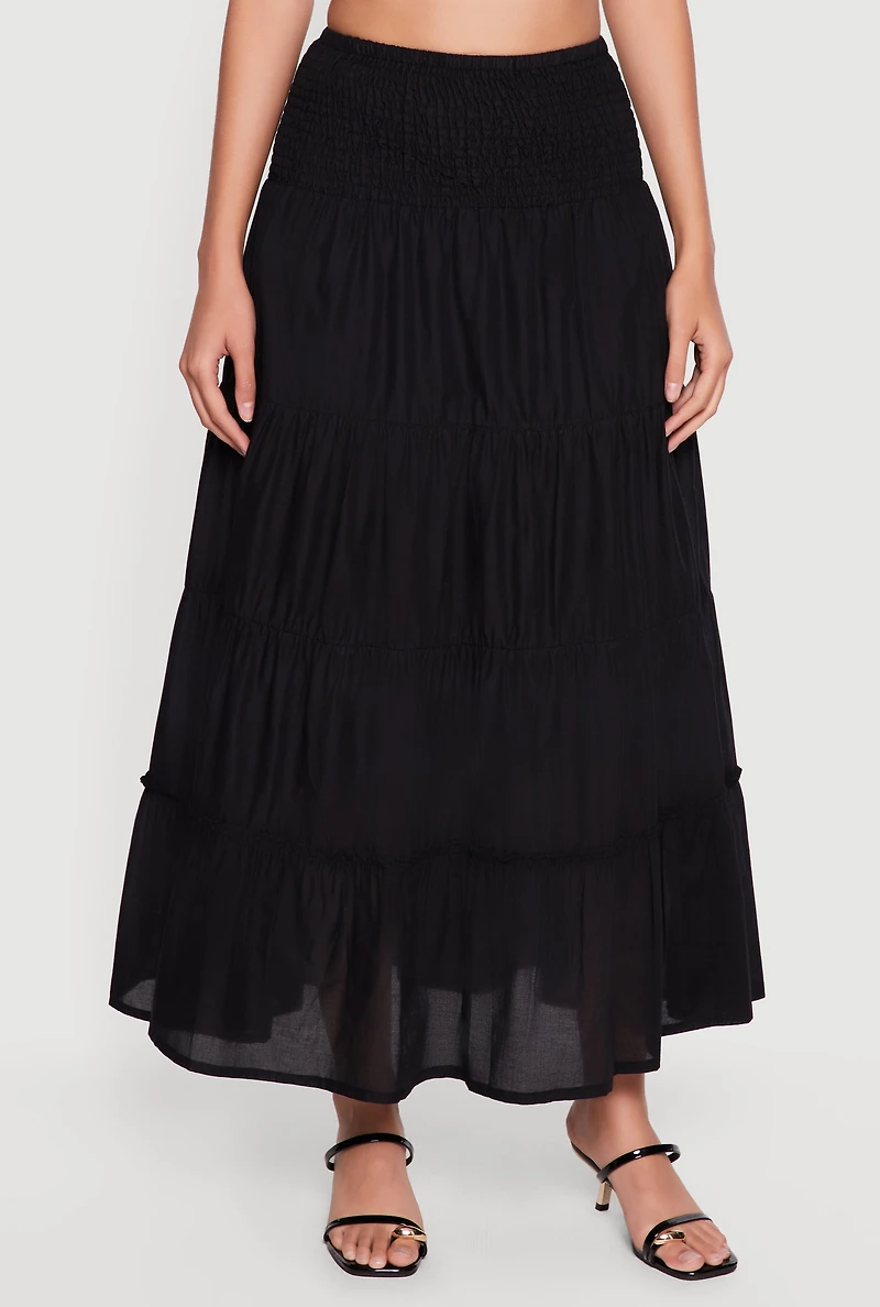 Smocked High Waisted Tiered Ruffle Trim Skirt