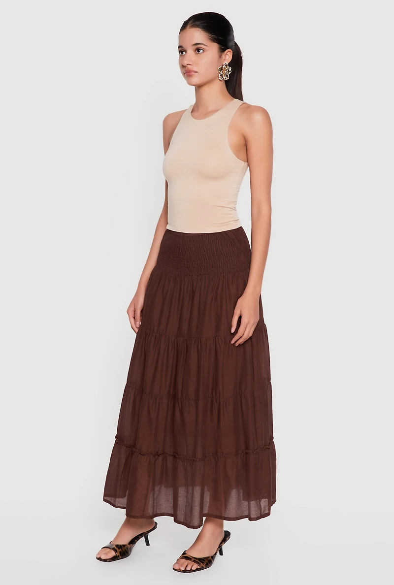 Smocked High Waisted Tiered Ruffle Trim Skirt