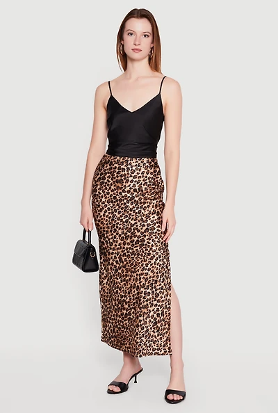 Satin Leopard Print Side Slit Maxi Skirt