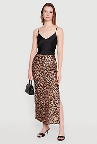 Satin Leopard Print Side Slit Maxi Skirt