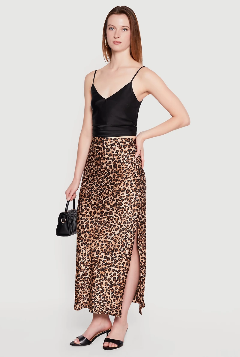 Satin Leopard Print Side Slit Maxi Skirt