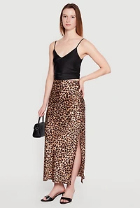 Satin Leopard Print Side Slit Maxi Skirt