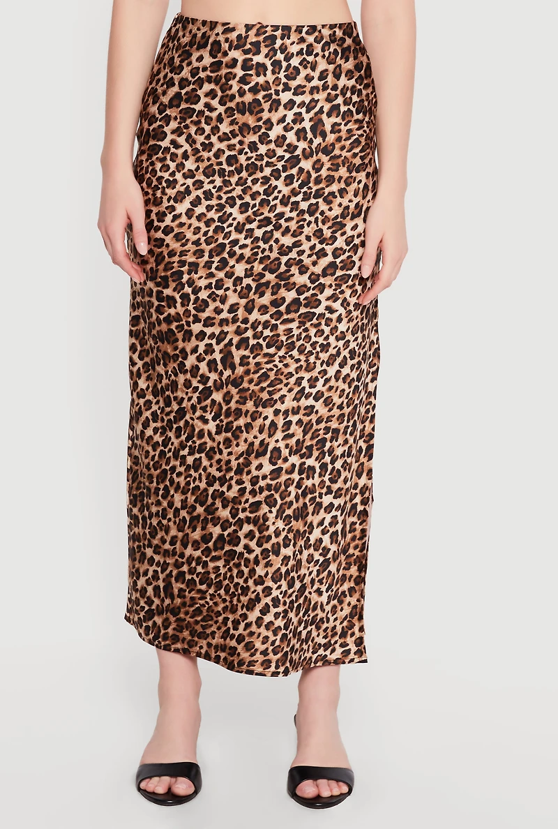 Satin Leopard Print Side Slit Maxi Skirt