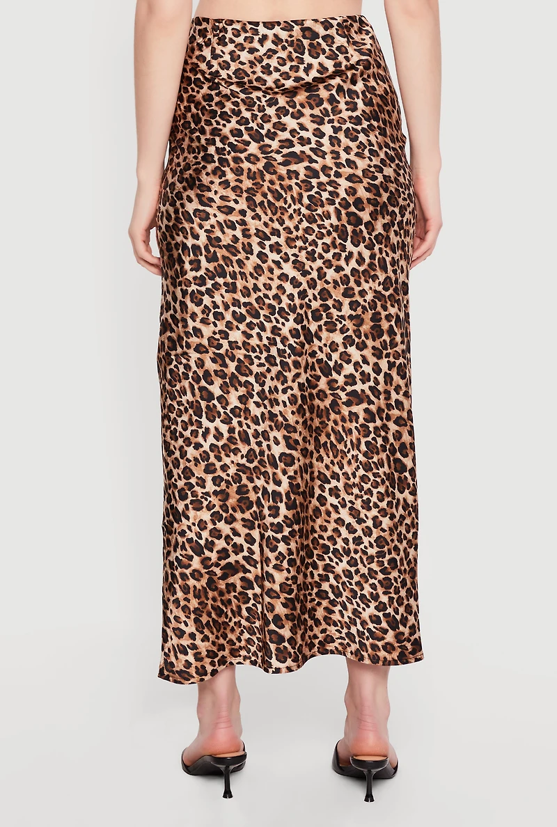 Satin Leopard Print Side Slit Maxi Skirt