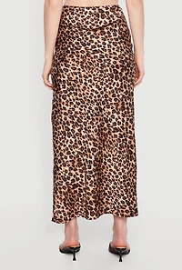 Satin Leopard Print Side Slit Maxi Skirt