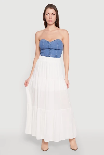 Womens High Waist Tiered Maxi Skirt, White, Size S