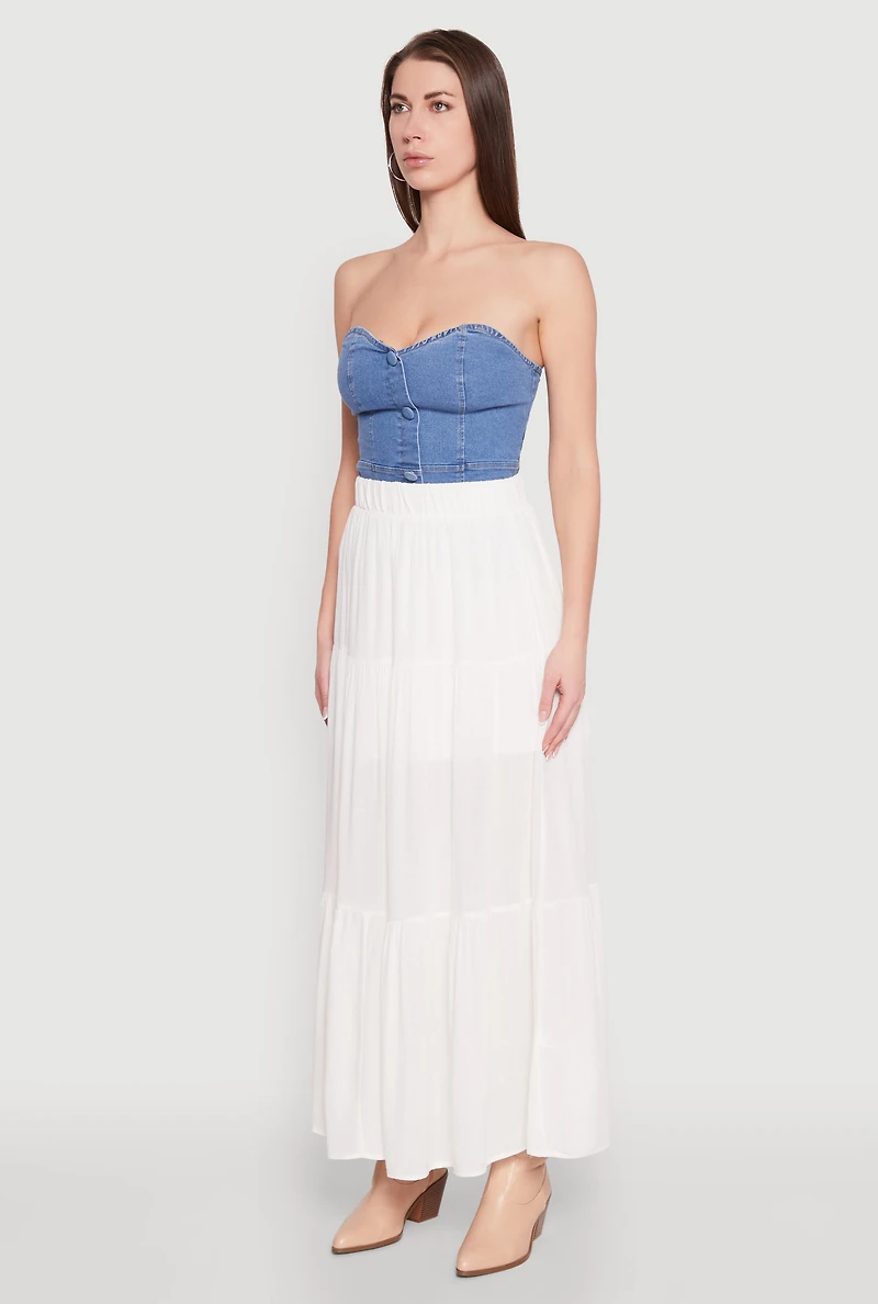 Womens High Waist Tiered Maxi Skirt, White, Size S