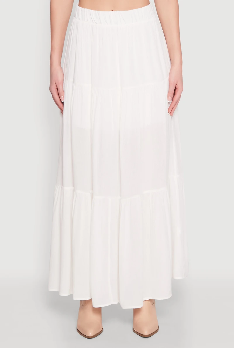 Womens High Waist Tiered Maxi Skirt, White, Size M
