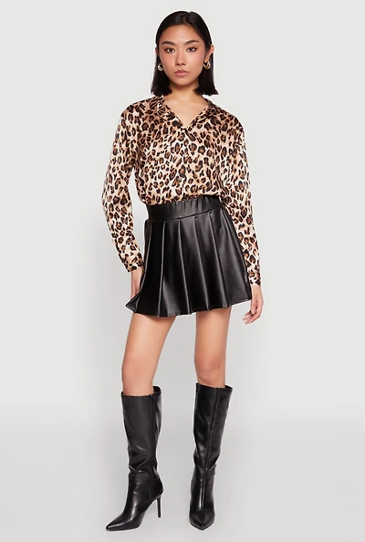 High Waist Faux Leather Pleated Skirt