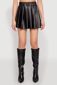 Womens High Waist Faux Leather Pleated Skirt, Black, Size L