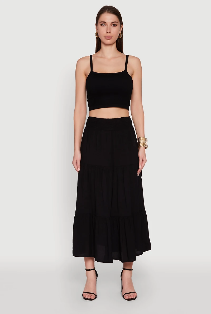Womens Trendy Smocked High Waist Tiered Midi Skirt, Black, Size XL