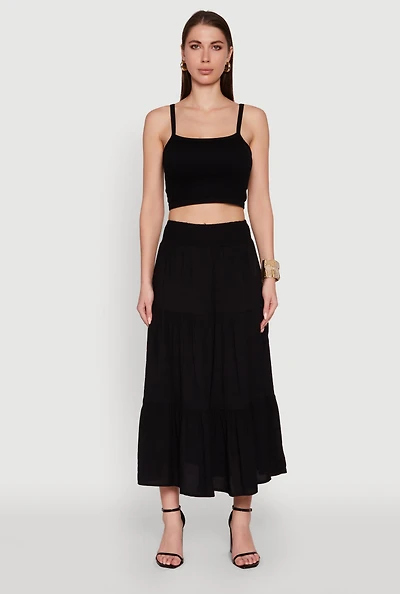 Womens Trendy Smocked High Waist Tiered Midi Skirt, Black, Size XL