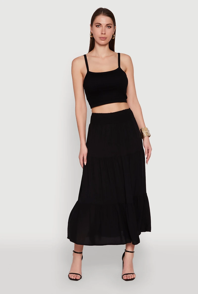 Womens Trendy Smocked High Waist Tiered Midi Skirt, Black, Size XL