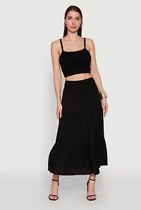 Womens Trendy Smocked High Waist Tiered Midi Skirt, Black, Size XL