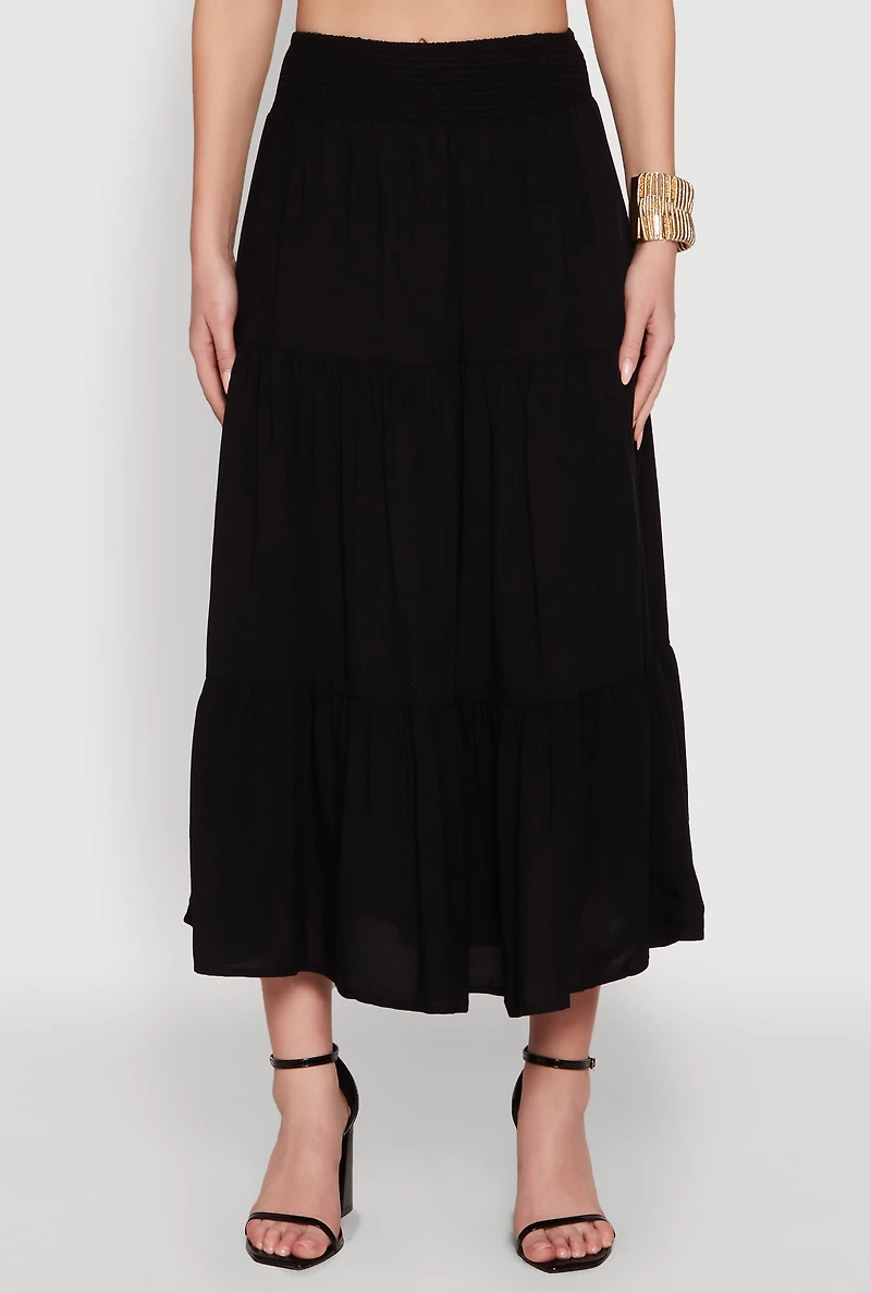 Womens Trendy Smocked High Waist Tiered Midi Skirt, Black, Size XL