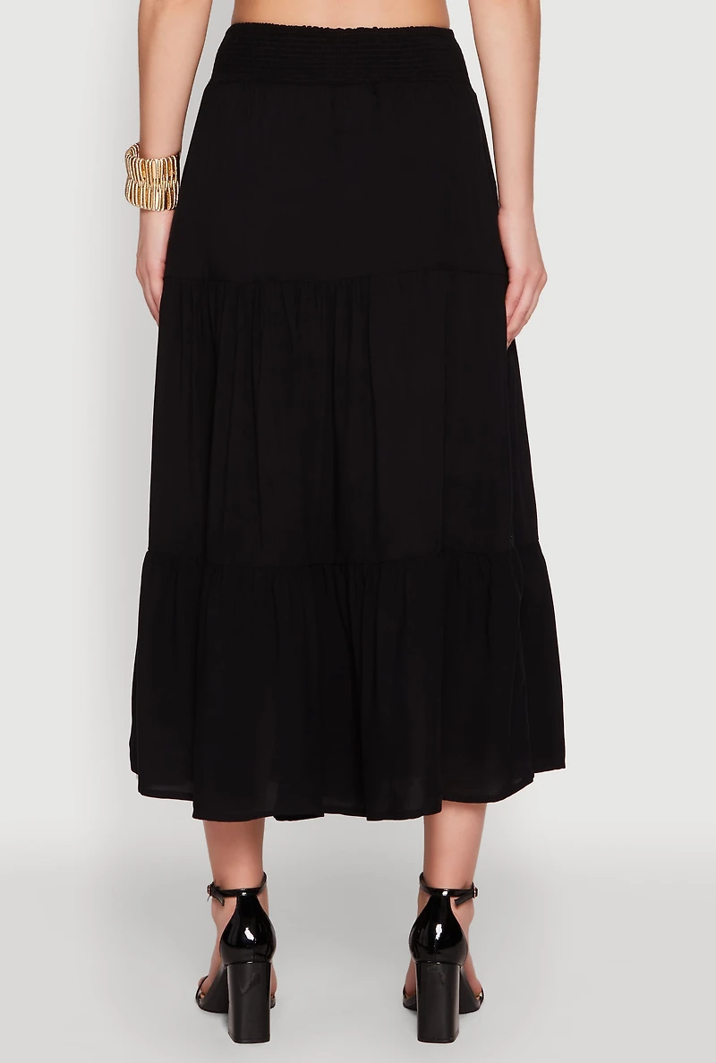 Womens Trendy Smocked High Waist Tiered Midi Skirt, Black, Size XL