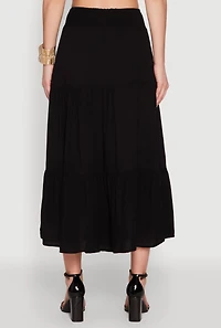 Womens Trendy Smocked High Waist Tiered Midi Skirt, Black, Size XL
