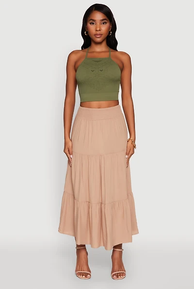 Womens Trendy Smocked High Waist Tiered Midi Skirt, Khaki, Size M