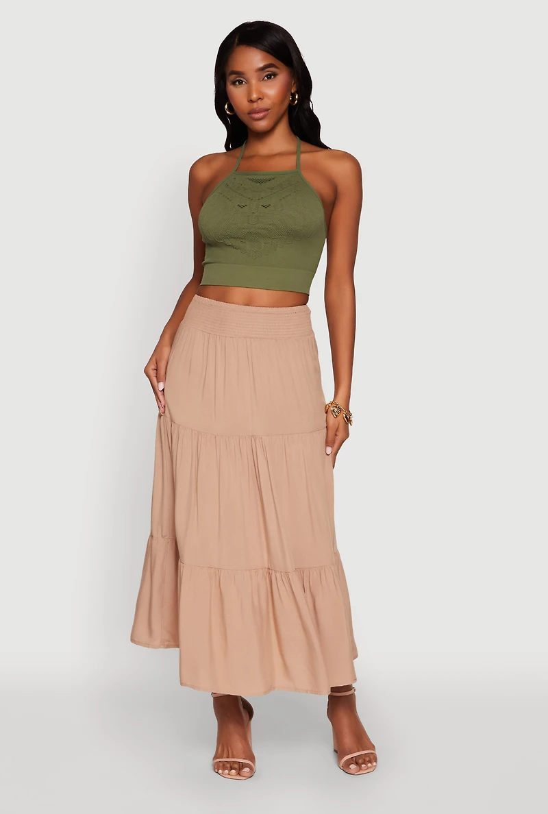 Womens Trendy Smocked High Waist Tiered Midi Skirt, Khaki, Size M