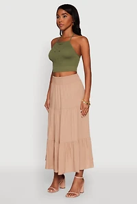 Womens Trendy Smocked High Waist Tiered Midi Skirt, Khaki, Size M