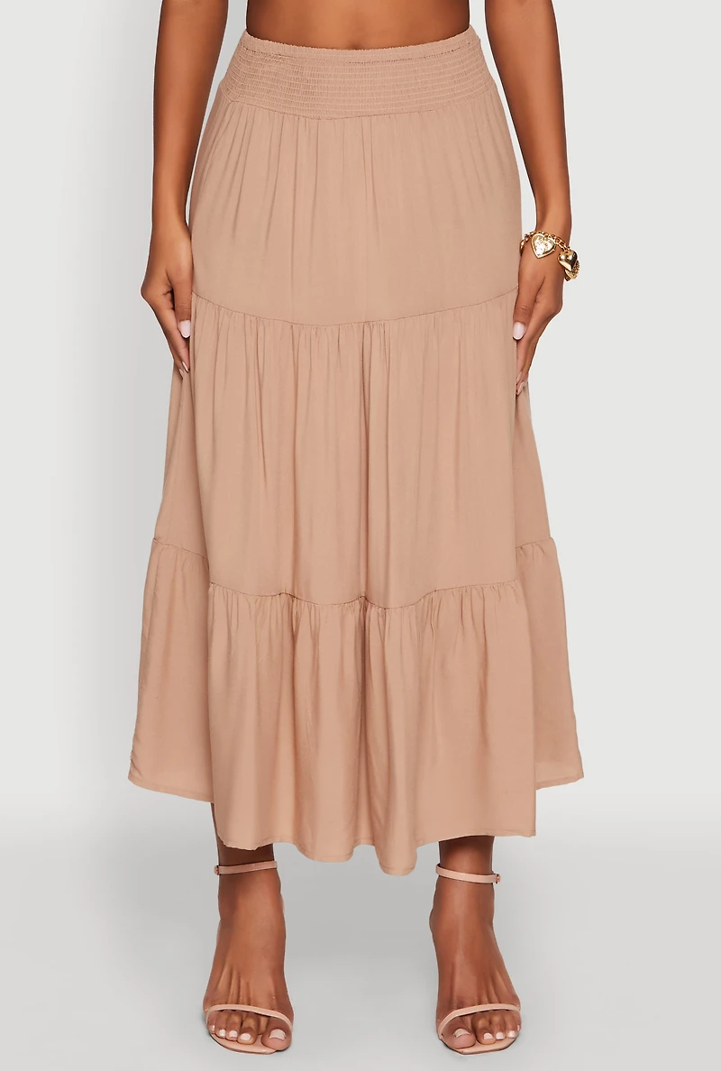 Womens Trendy Smocked High Waist Tiered Midi Skirt, Khaki, Size M