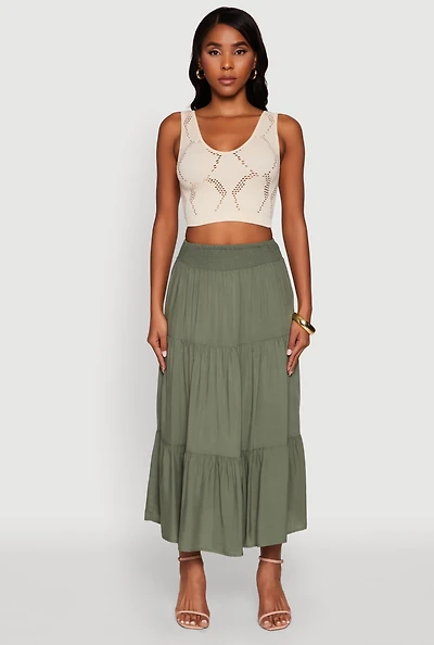 Womens Trendy Smocked High Waist Tiered Midi Skirt, Green, Size XL