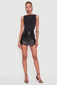 Womens Faux Leather Side Slit Skort, Black, Size L