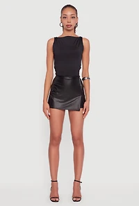 Womens Faux Leather Side Slit Skort, Black, Size L