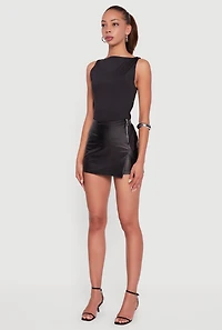 Womens Faux Leather Side Slit Skort, Black, Size L