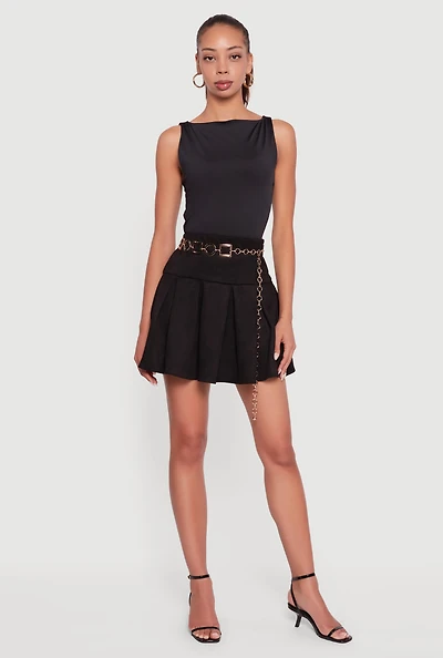 Womens Faux Suede Drop Waist Pleated Mini Skirt, Black, Size XL