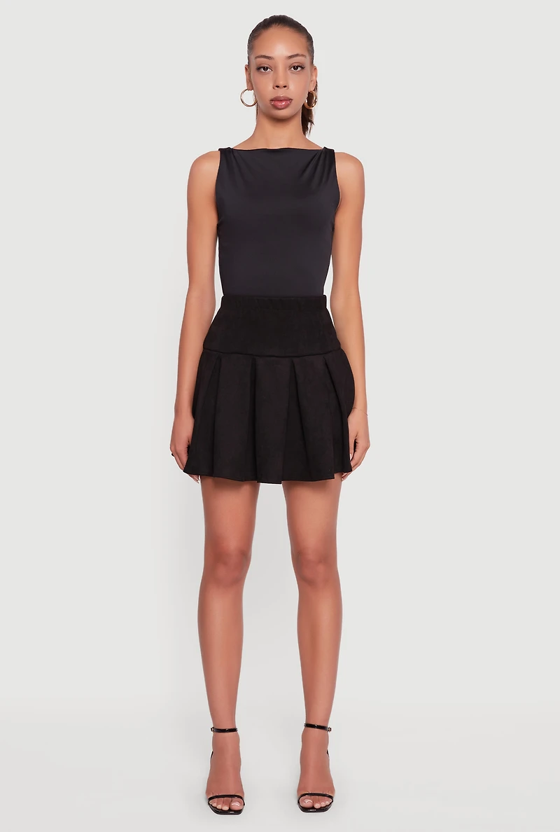 Womens Faux Suede Drop Waist Pleated Mini Skirt, Black, Size XL