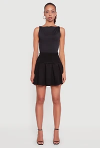 Womens Faux Suede Drop Waist Pleated Mini Skirt, Black, Size XL