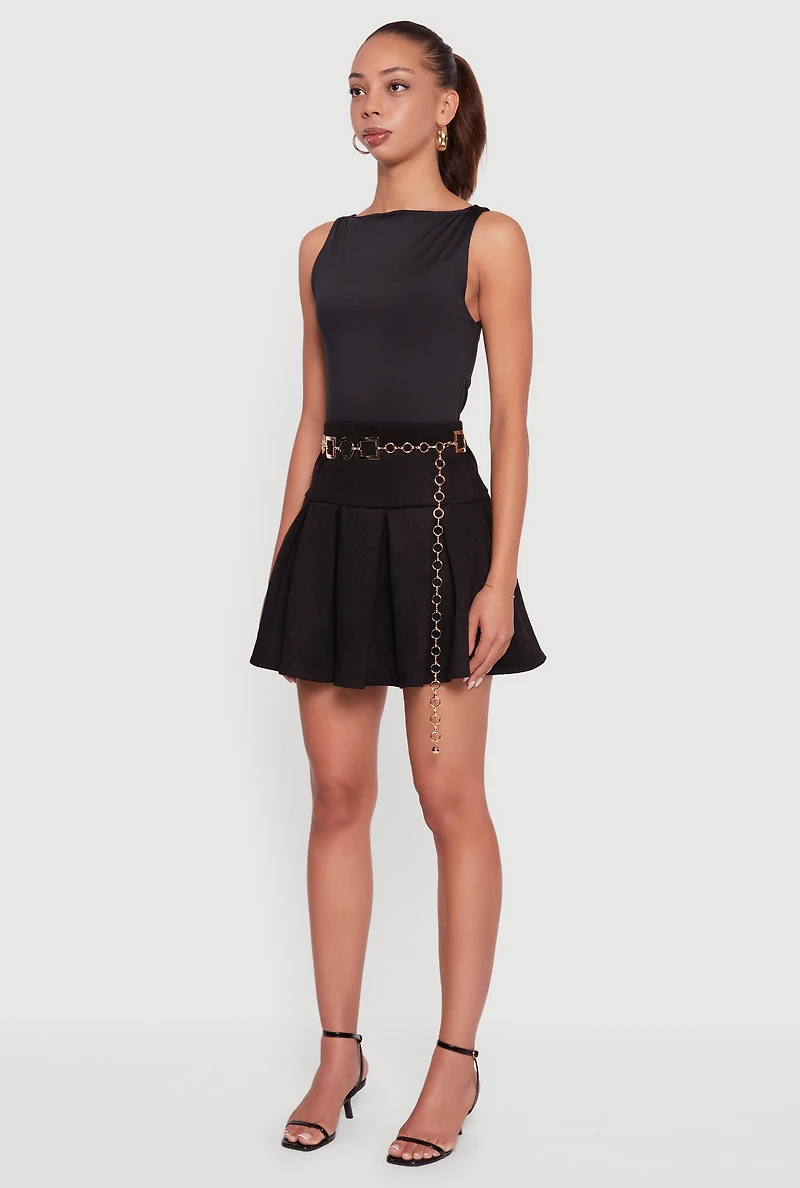 Womens Faux Suede Drop Waist Pleated Mini Skirt, Black, Size XL