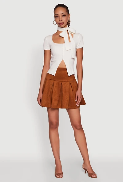Womens Faux Suede Drop Waist Pleated Mini Skirt, Brown, Size S