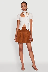 Womens Faux Suede Drop Waist Pleated Mini Skirt, Brown, Size S