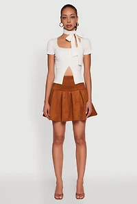 Womens Faux Suede Drop Waist Pleated Mini Skirt, Brown, Size S