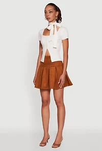 Womens Faux Suede Drop Waist Pleated Mini Skirt, Brown, Size L