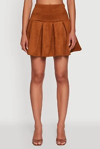 Womens Faux Suede Drop Waist Pleated Mini Skirt, Brown, Size L